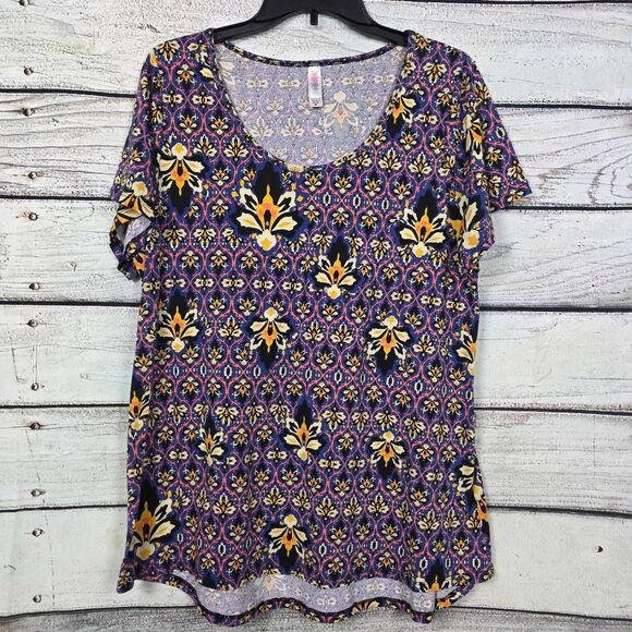 LuLaRoe XL Blue Yellow Floral Geometric Classic Tee - Picture 1 of 6